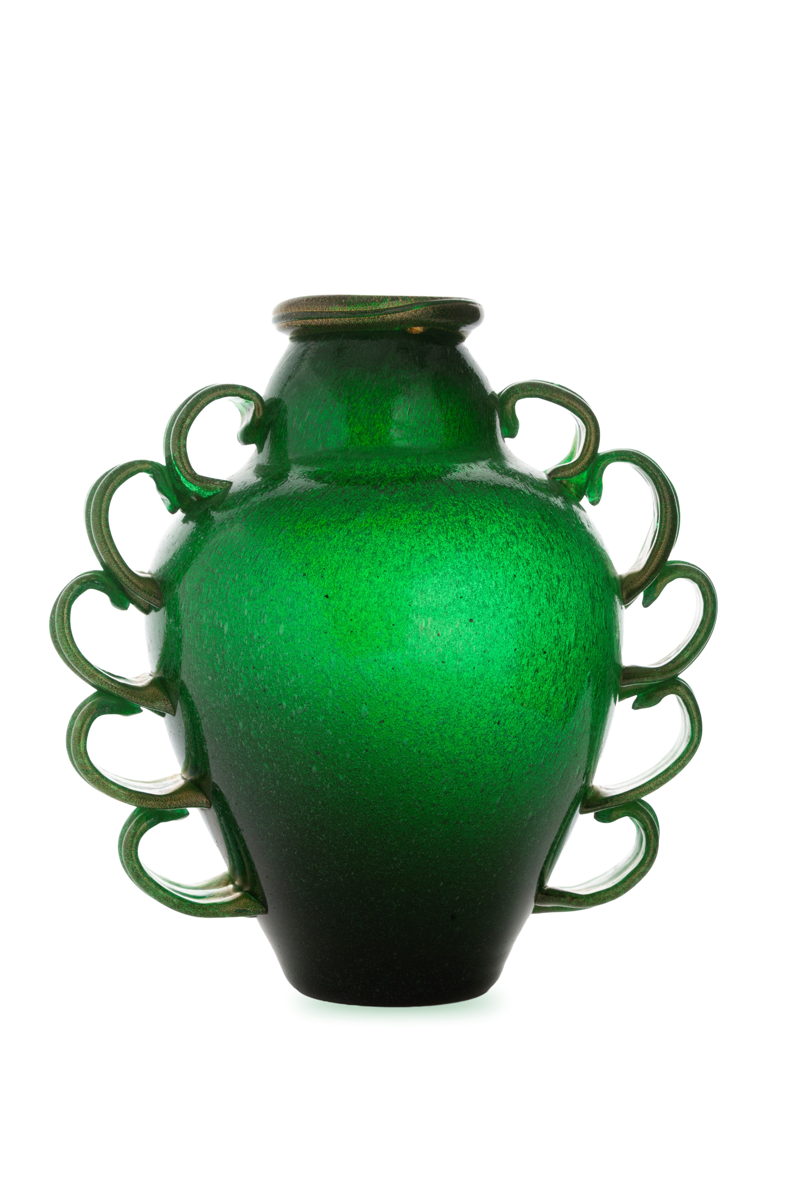 Vaso dieci anse, vetro pulegoso sommerso con decorazioni dorate