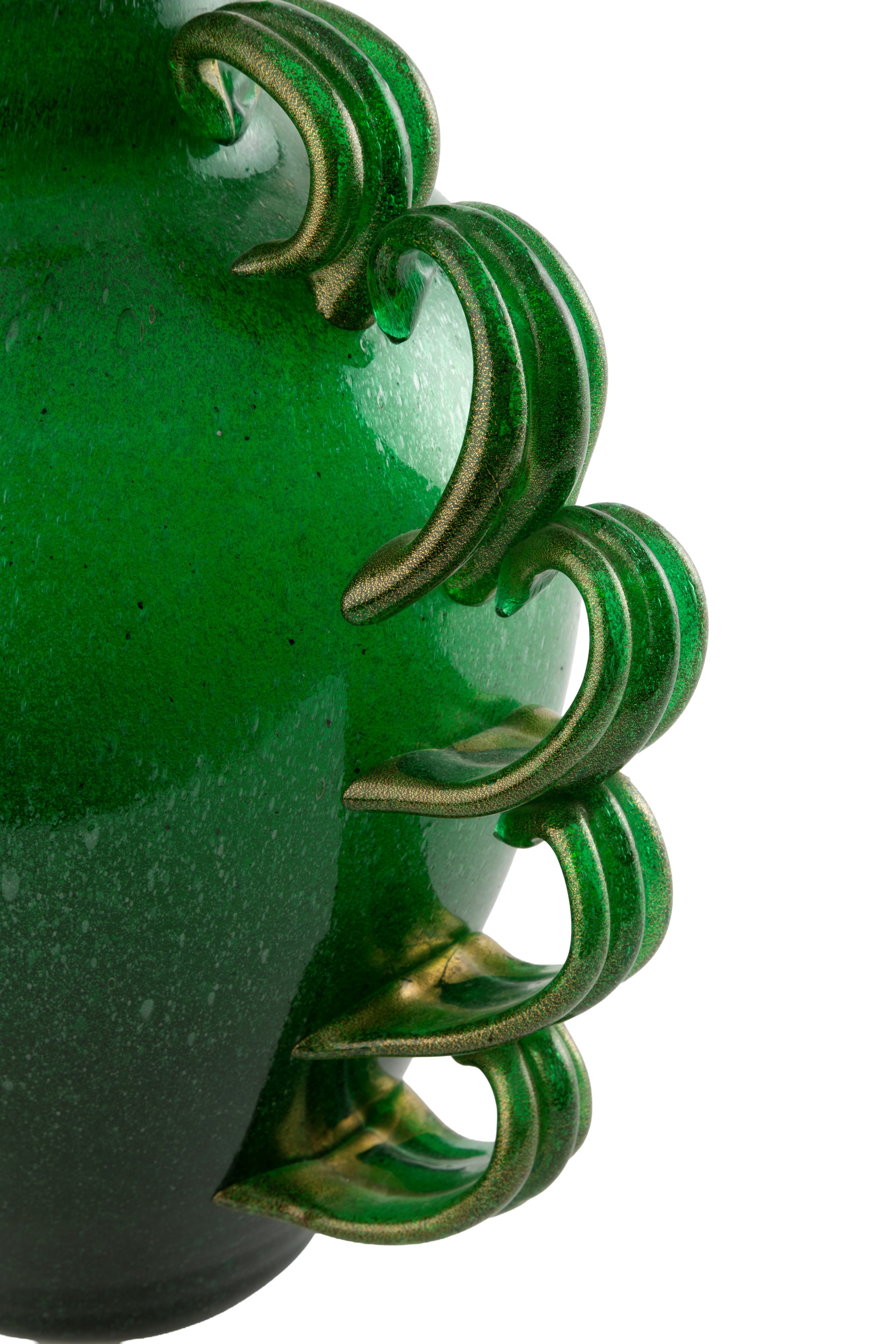 Vaso dieci anse, vetro pulegoso sommerso con decorazioni dorate