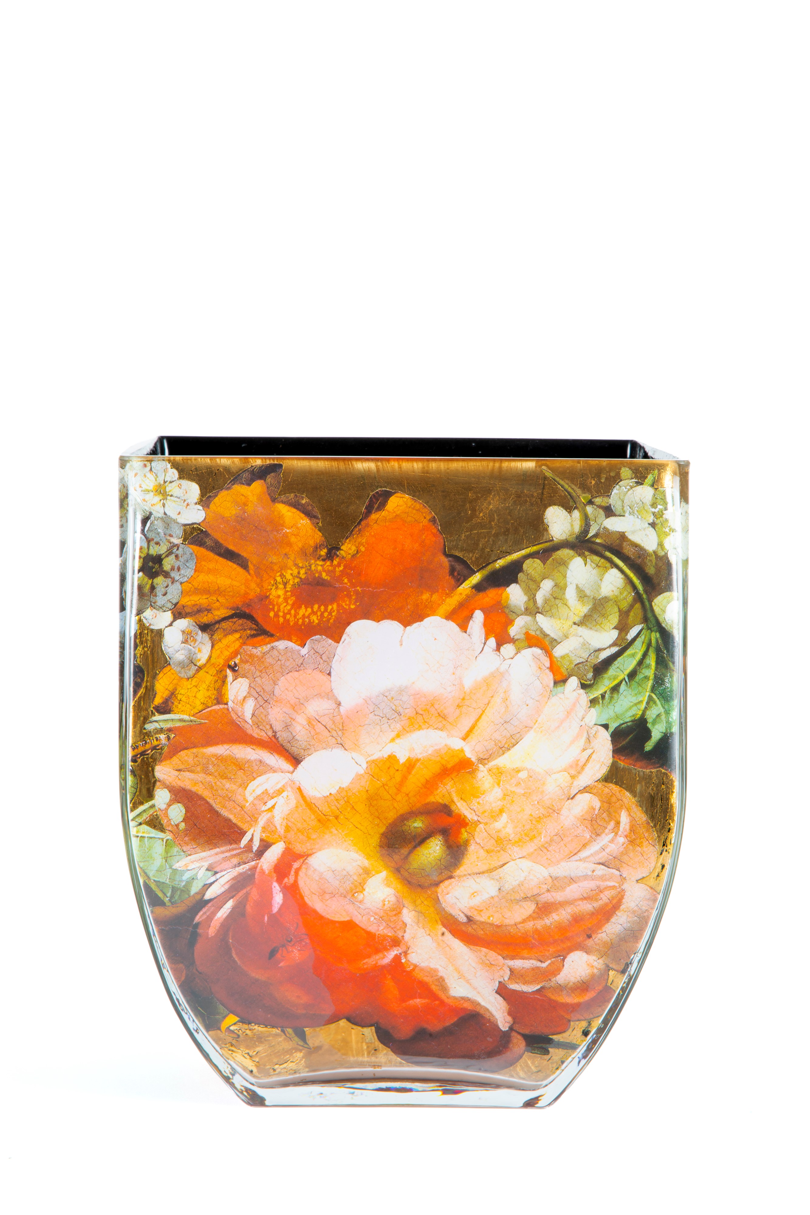 Gabriella B., Vaso in vetro decorato con Fiori su fondo oro
