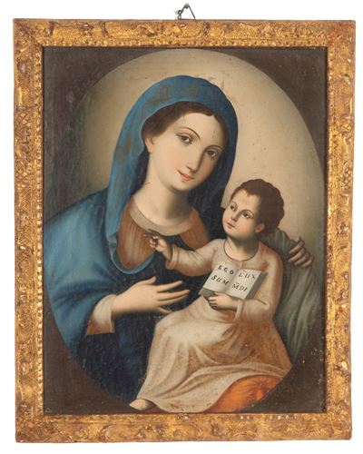 Dipinto del XVIII secolo, Madonna con Bambino, olio su tela applicata su tavola