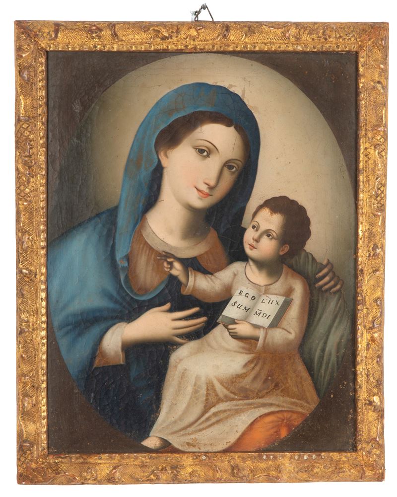 Dipinto del XVIII secolo, Madonna con Bambino, olio su tela applicata su tavola