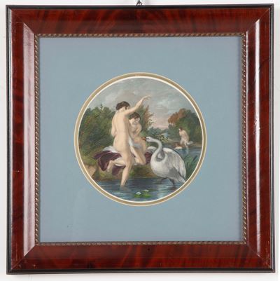 W. ETTY R.A., Bagnanti Sorprese dal Cigno, incisione acquarellata