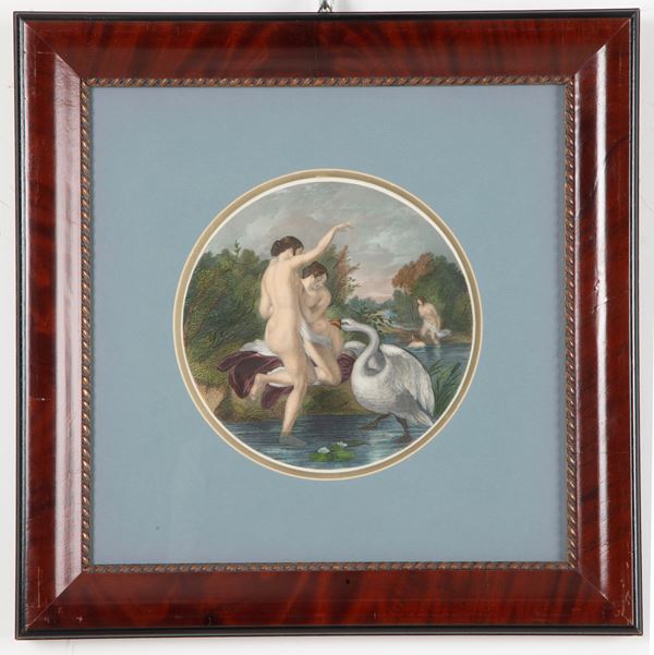 Watercolor engraving "BATHERS SURPRISED BY THE SWAN"