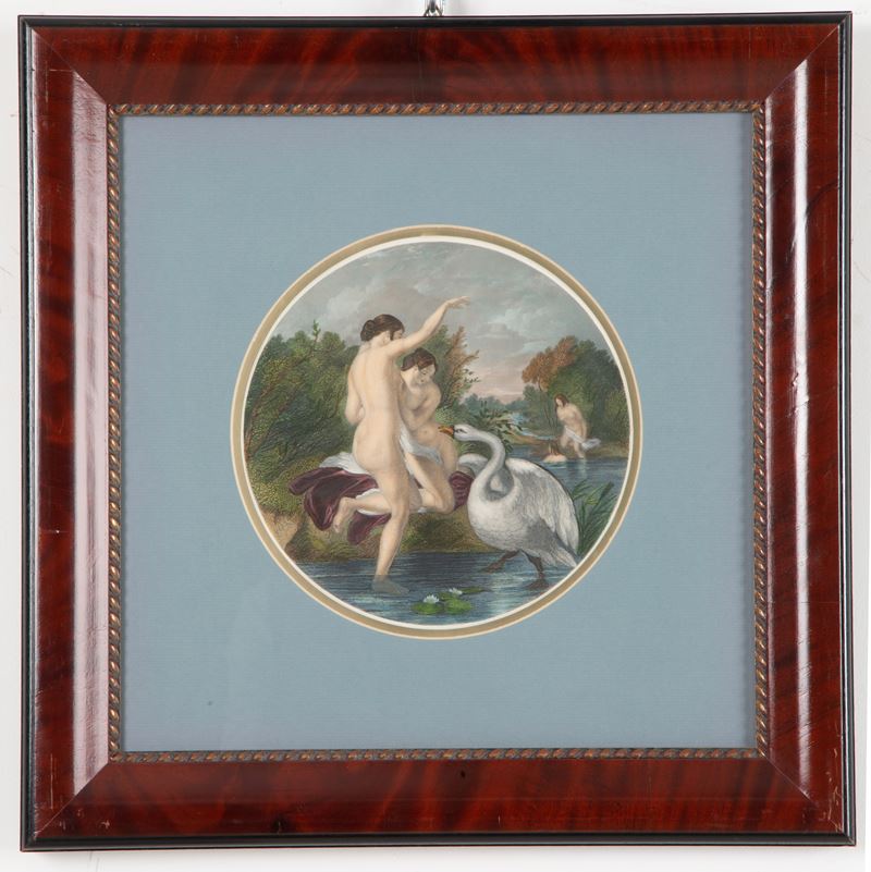 W. ETTY R.A., Bagnanti Sorprese dal Cigno, incisione acquarellata