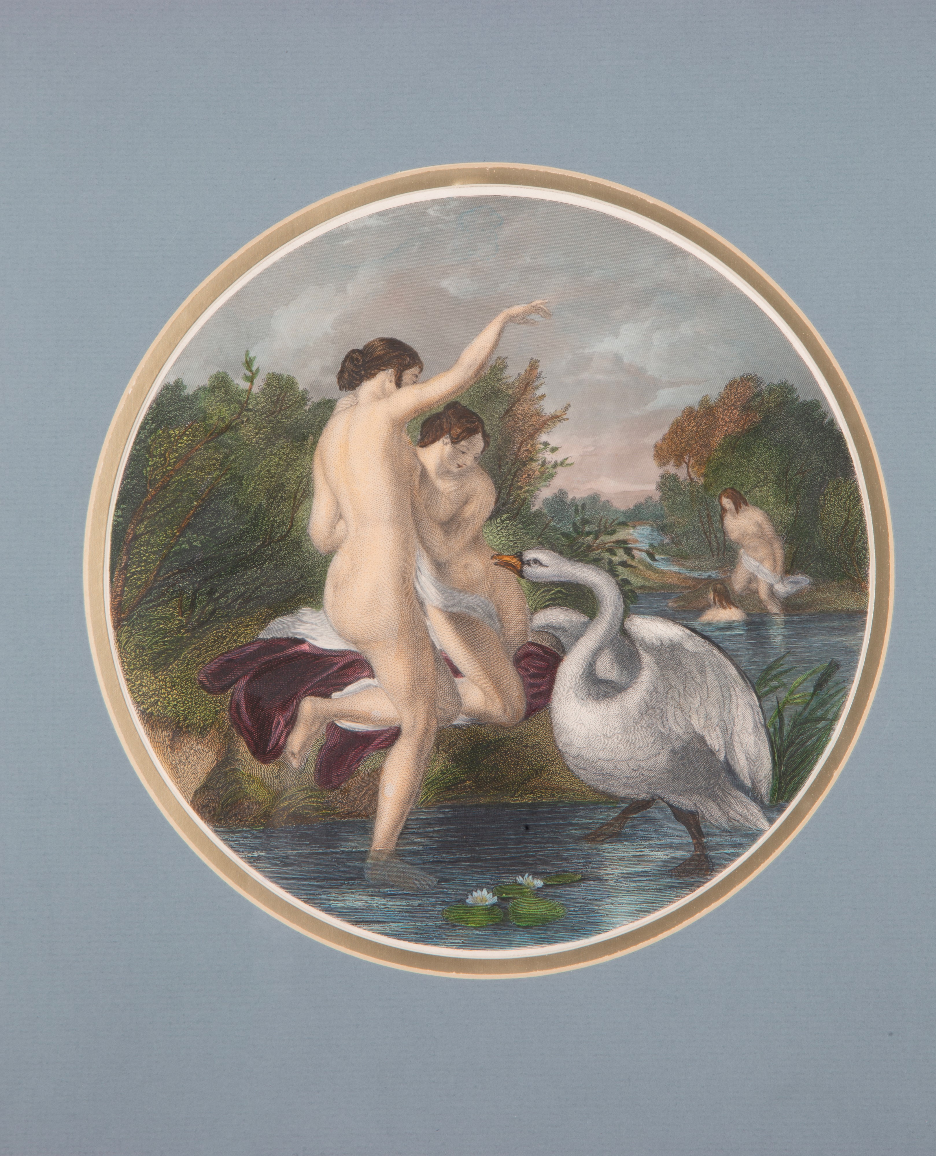 W. ETTY R.A., Bagnanti Sorprese dal Cigno, incisione acquarellata