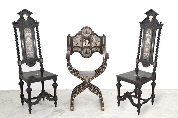 FERDINANDO POGLIANI - An armchair and two chairs inlaid with ivory