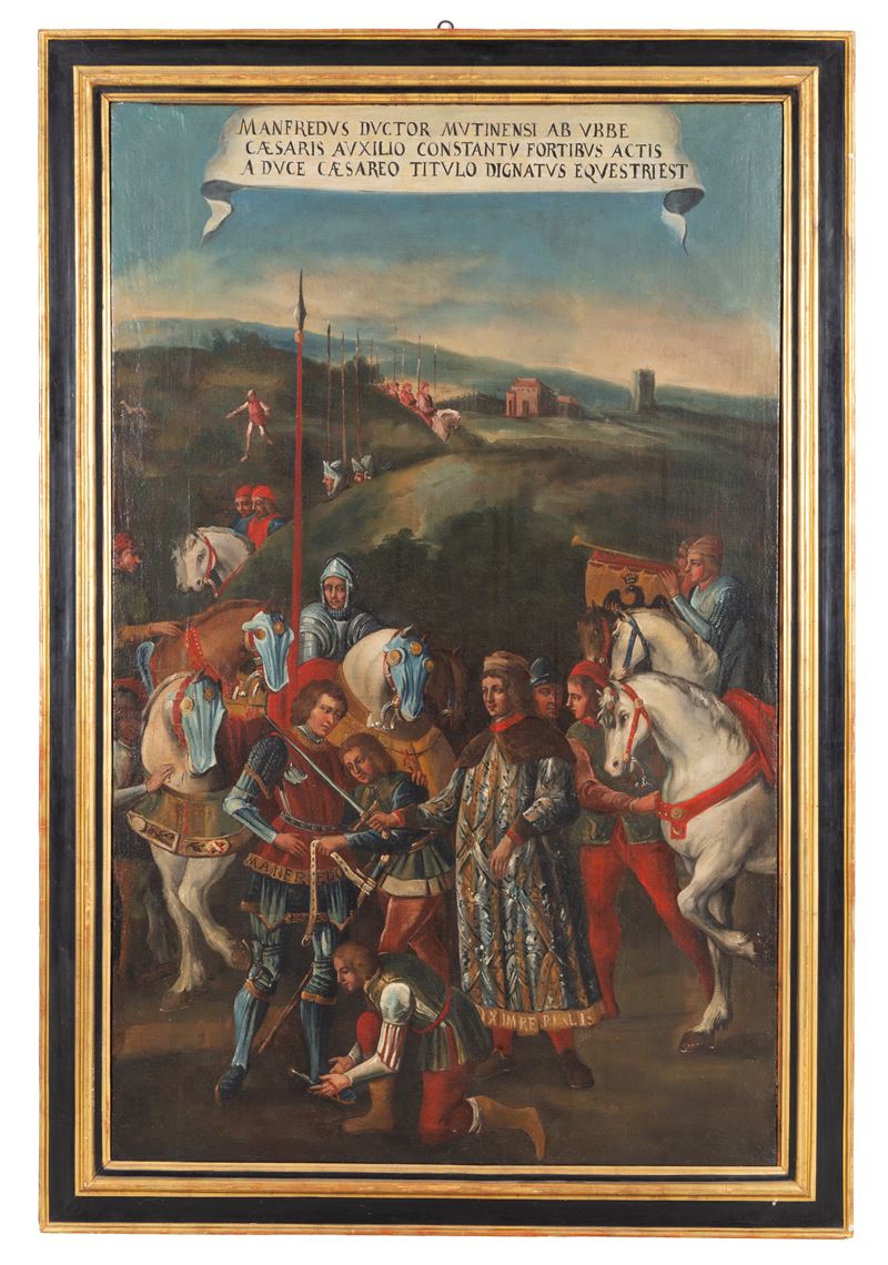 Scuola italiana di fine XVI secolo, Manfredo Pio consacrato cavaliere, olio su tela