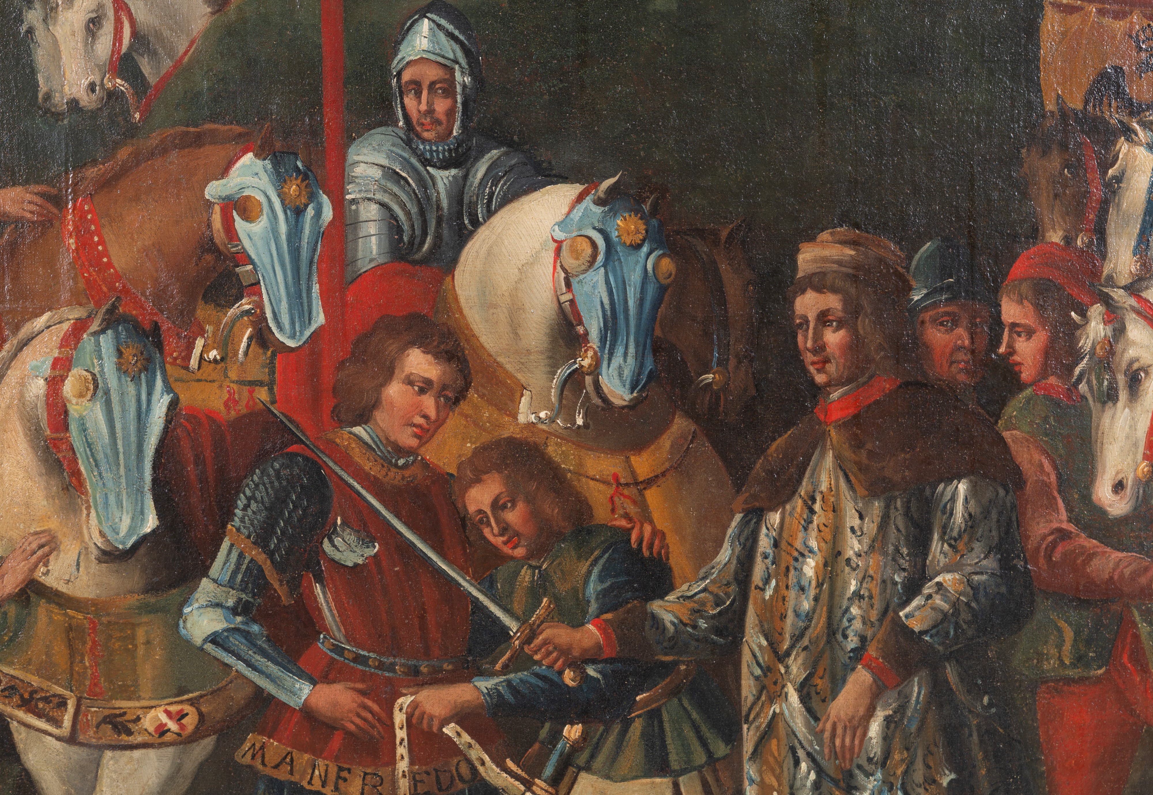 Scuola italiana di fine XVI secolo, Manfredo Pio consacrato cavaliere, olio su tela