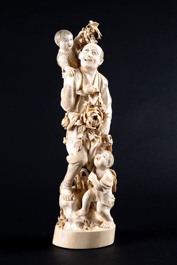 Ivory Okimono "FARMER WITH CHILDREN"