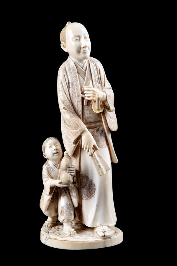 Ivory Okimono "SAMURAI WITH CHILD"