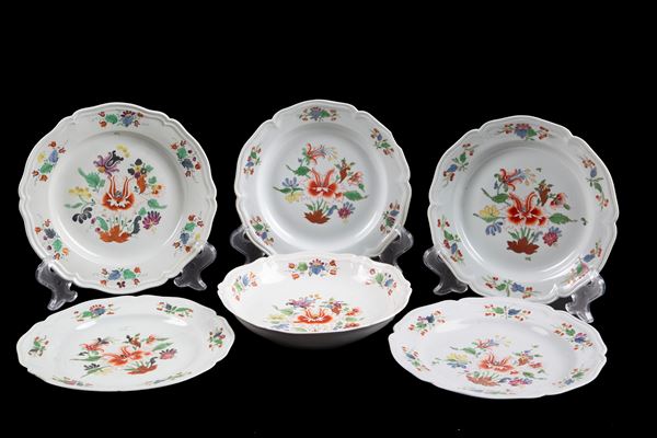 Six painted porcelain plates. DOCCIA