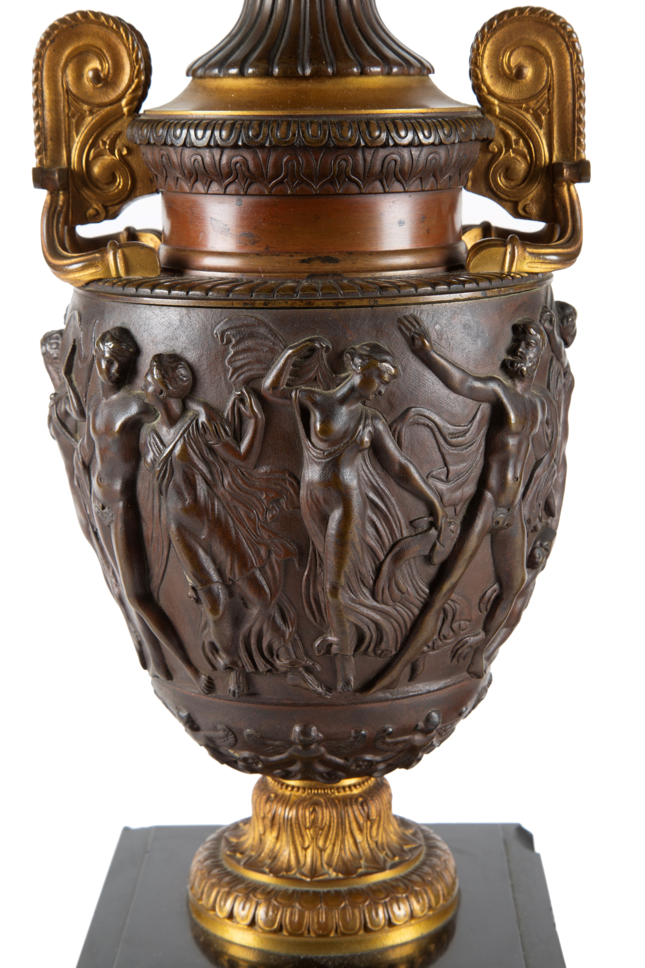Coppia di lampade, bronzo dorato e patinato con basi in marmo Nero del Belgio e boule in vetro, X...