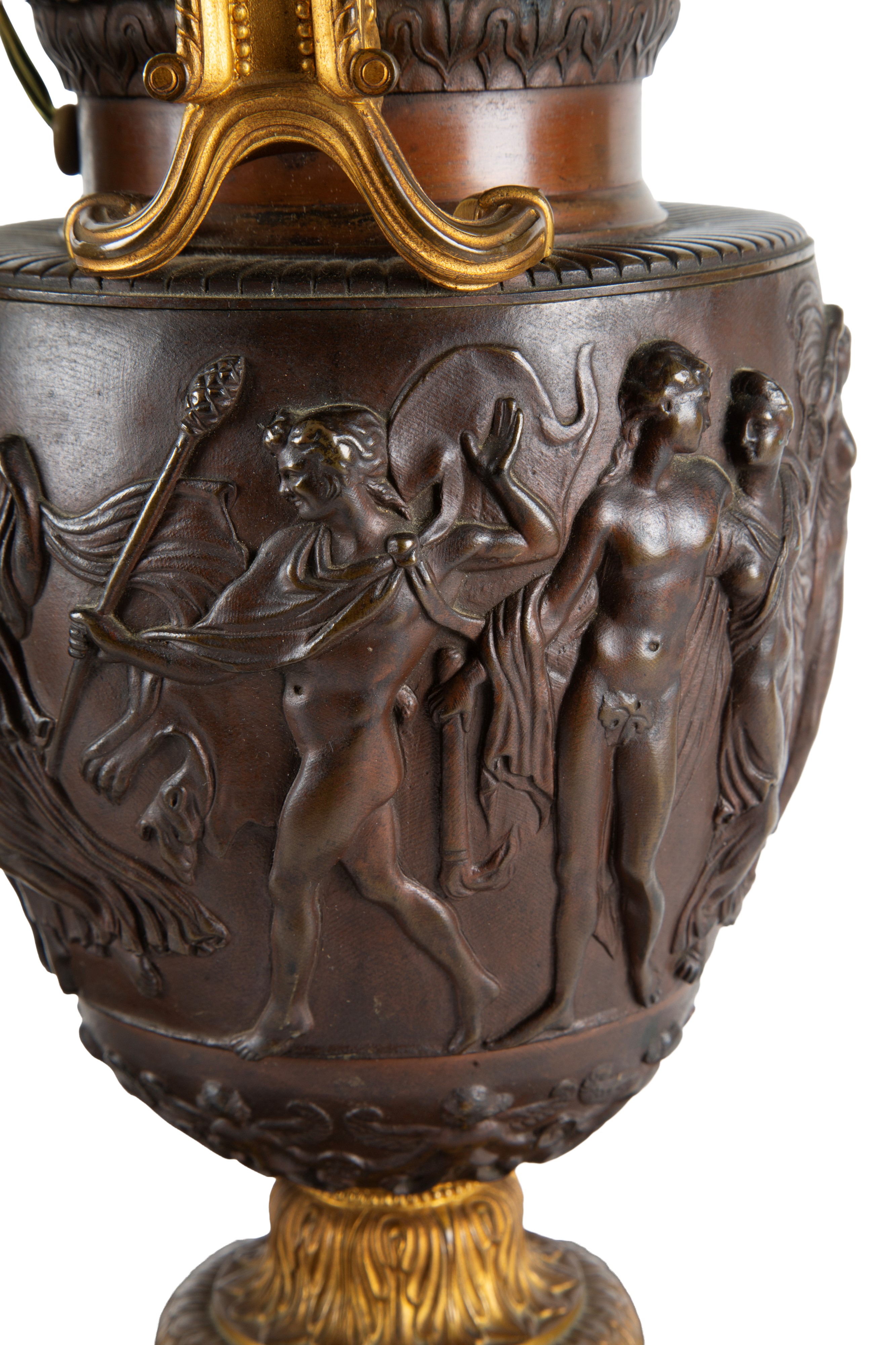 Coppia di lampade, bronzo dorato e patinato con basi in marmo Nero del Belgio e boule in vetro, X...