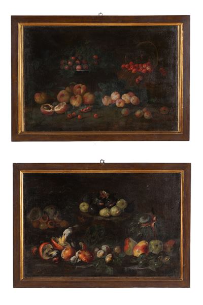 ANGELO MARIA ROSSI, Coppia di dipinti 'Natura Morta con Frutta all'Aperto', olio su tela