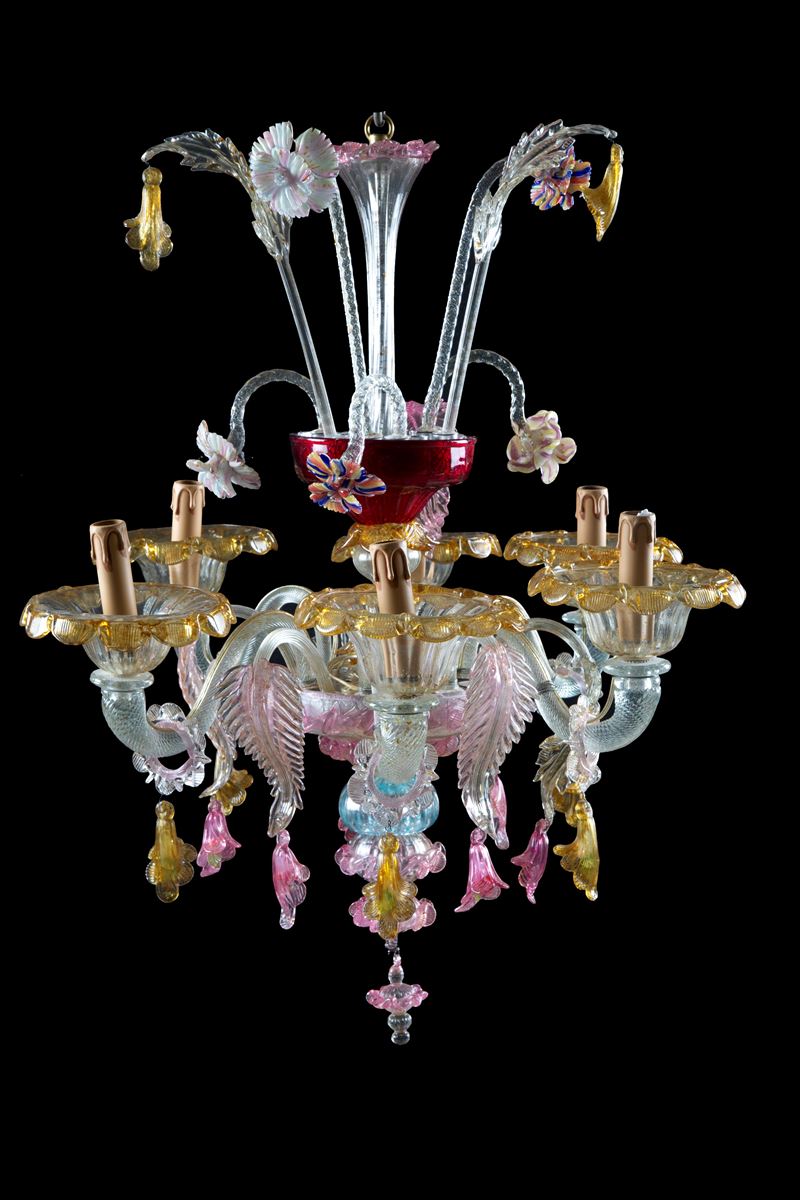 Lampadario sei luci, vetro di Murano trasparente e policromo