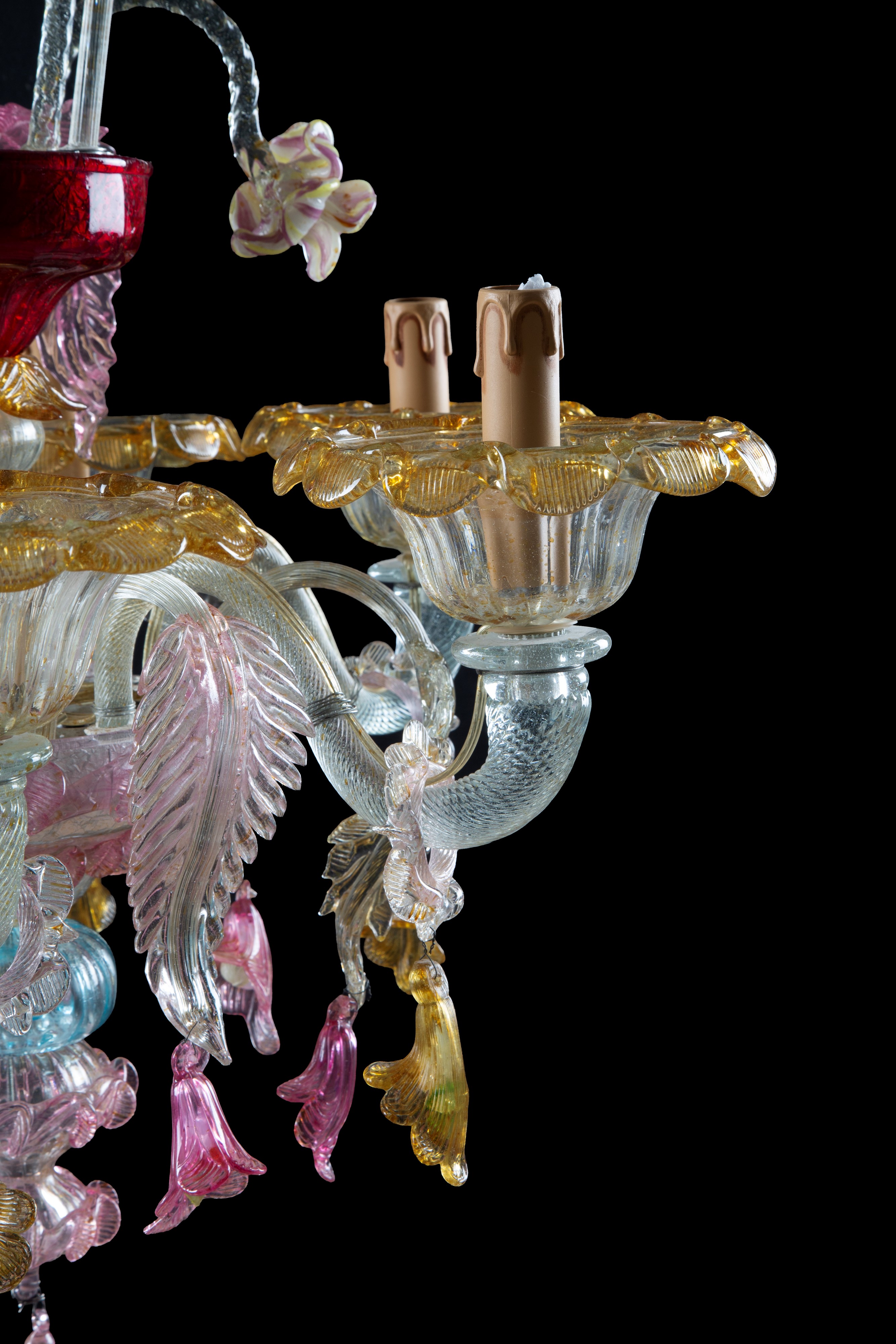 Lampadario sei luci, vetro di Murano trasparente e policromo