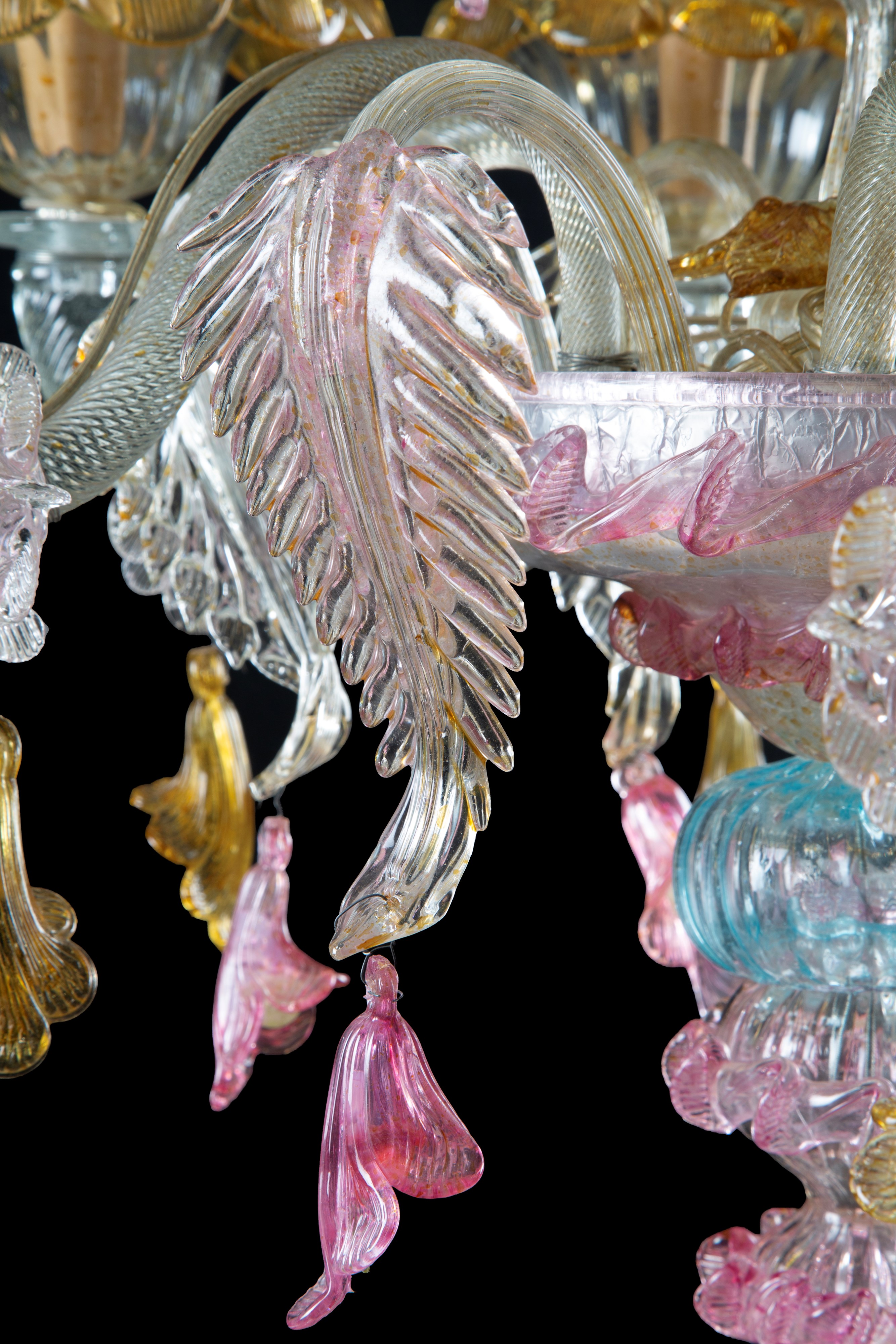 Lampadario sei luci, vetro di Murano trasparente e policromo