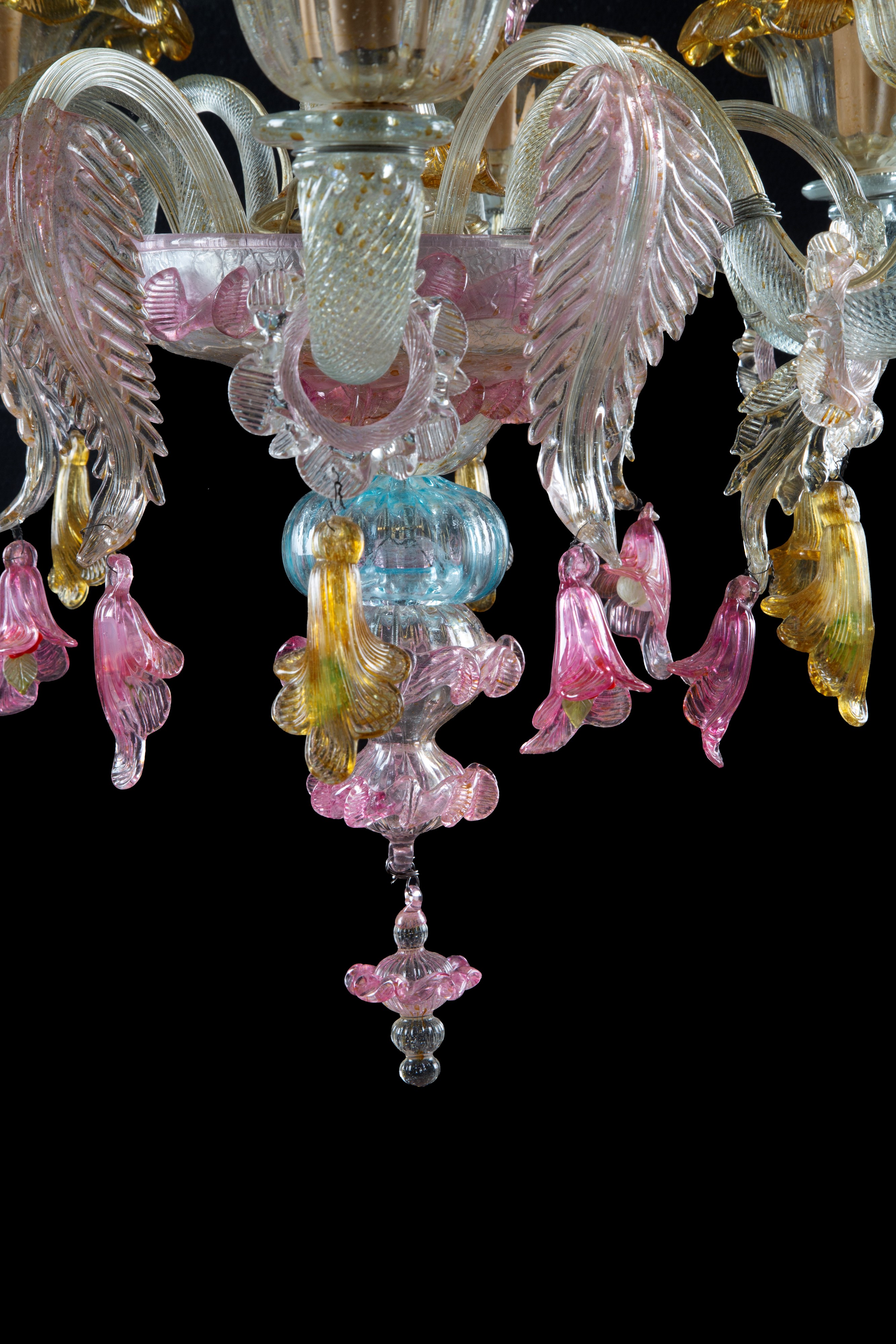 Lampadario sei luci, vetro di Murano trasparente e policromo
