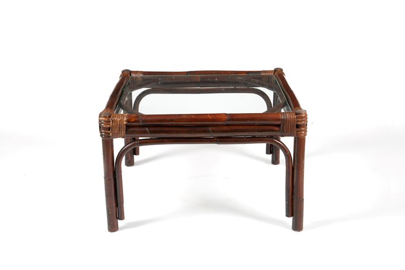 Tavolino in bambù e rattan con piano in vetro, Anni '60-'70