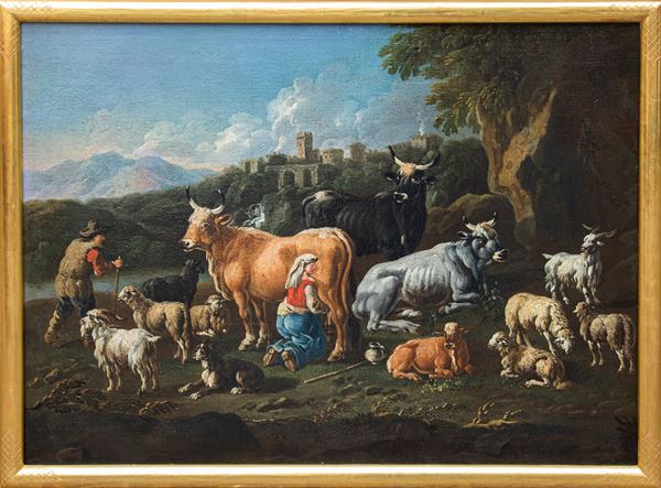 JACOB ROOS ROSA DA NAPOLI - Painting "PASTORAL SCENE WITH HERD"