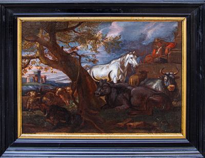 Scuola Fiamminga del XVII secolo, Paesaggio con armenti, olio su tela