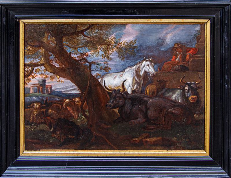 Scuola Fiamminga del XVII secolo, Paesaggio con armenti, olio su tela