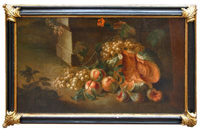Autore sconosciuto, Natura morta con zucca, uva e pesche, olio su tela