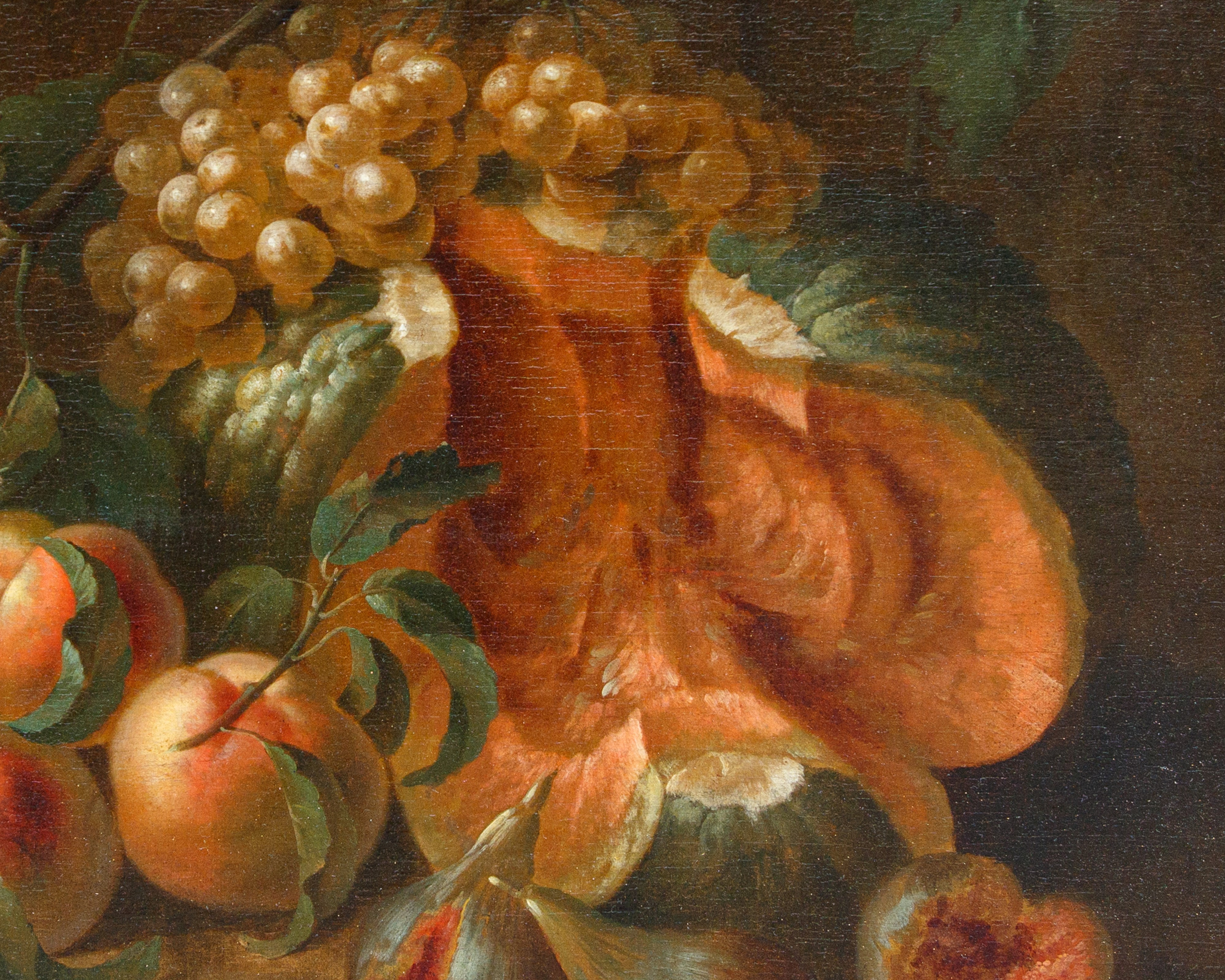 Autore sconosciuto, Natura morta con zucca, uva e pesche, olio su tela