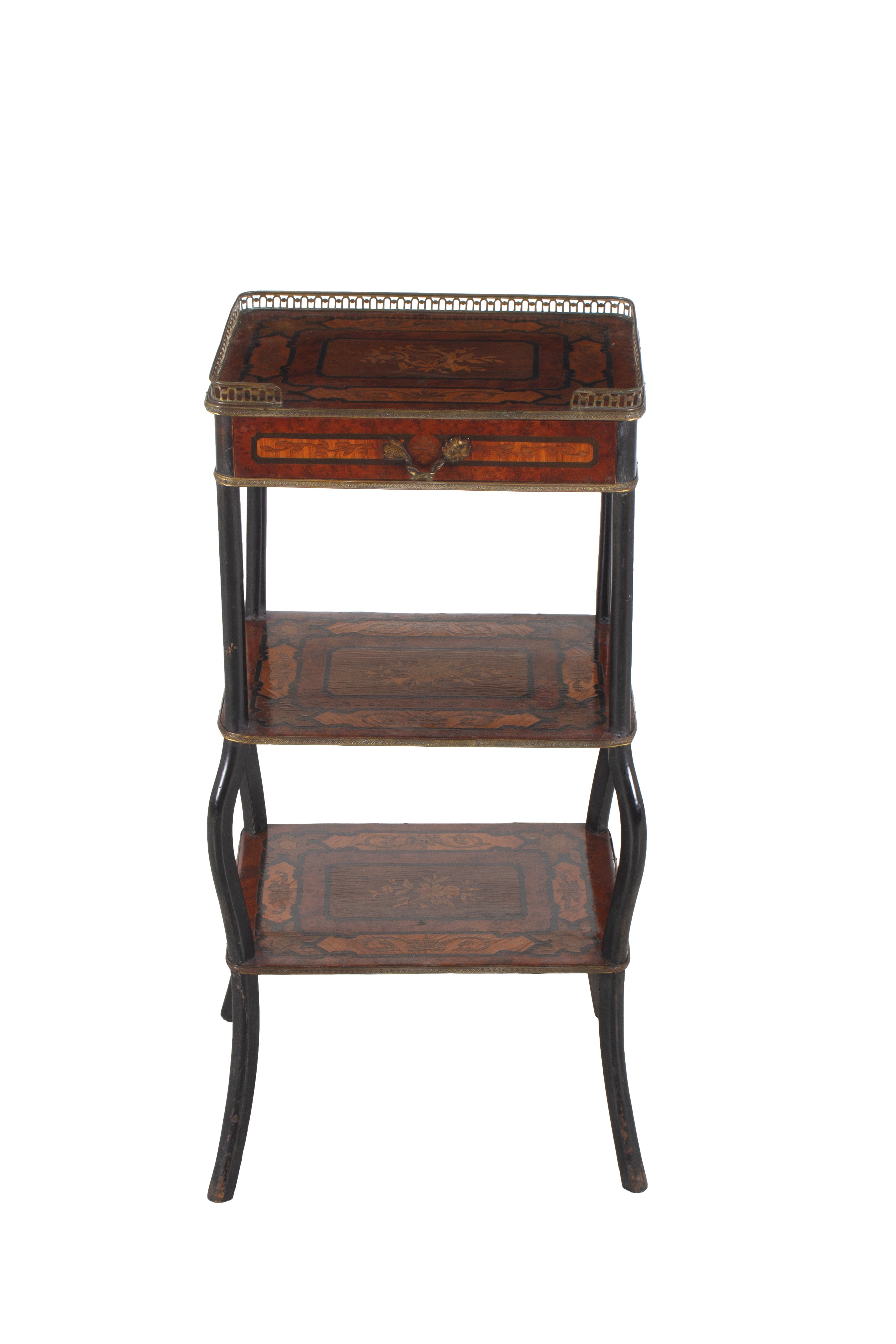 Etagere, legno intarsiato con finiture in bronzo, XIX secolo