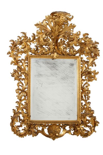 Specchiera a cartoccio, legno intagliato e dorato, XIX secolo
