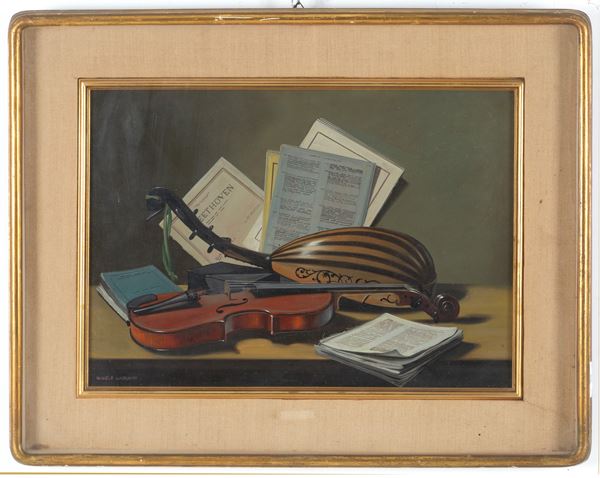 MICHELE CISTERNINO - Dipinto "NATURA MORTA CON STRUMENTI MUSICALI"
