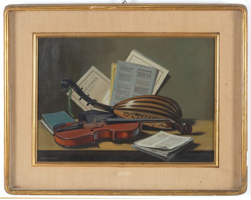 Michele Cisternino - Natura morta con strumenti musicali, olio su tela