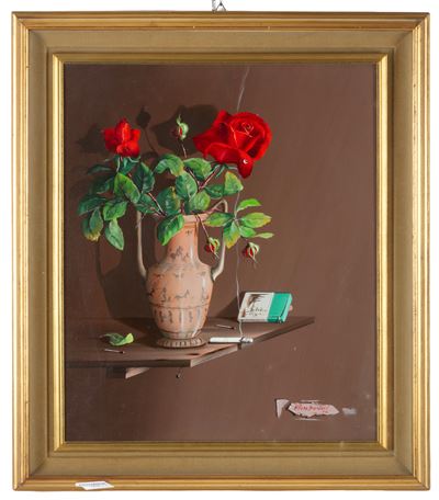 Trompe l'Oeil con Vaso di Rose, olio su tela