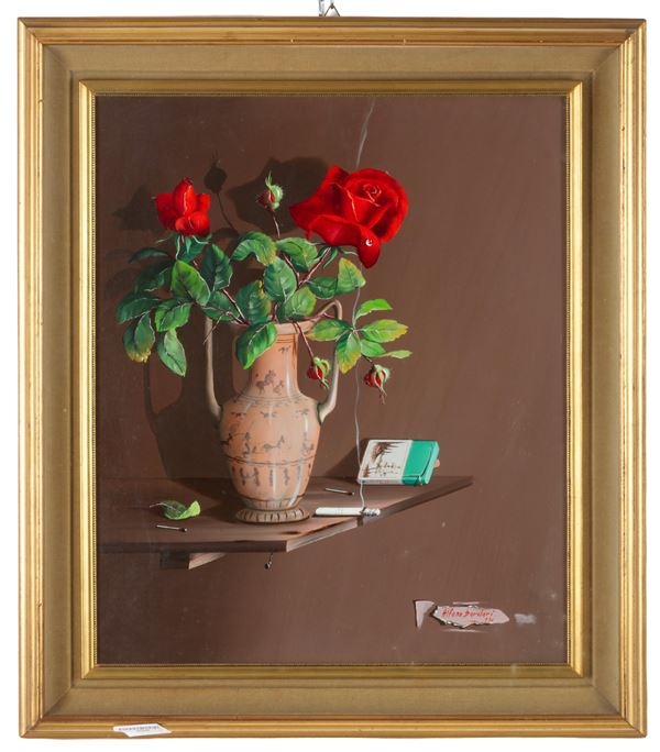ALFANO DARDARI -  Dipinto "TROMPE L'OEIL CON VASO DI ROSE"