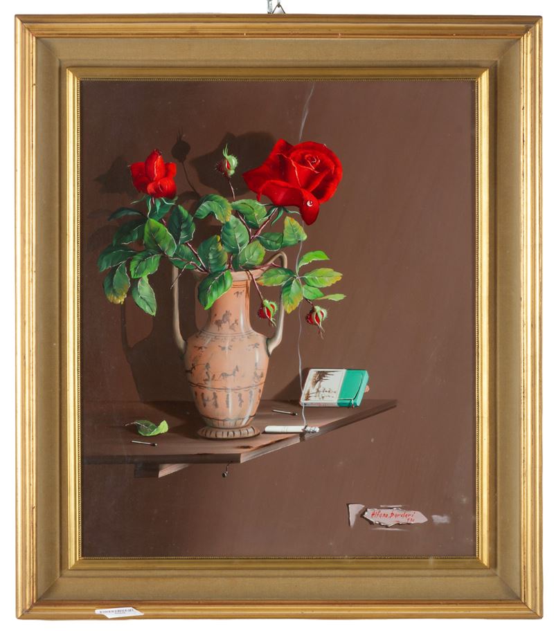 Alfano Dardari - Trompe l'Oeil con Vaso di Rose, olio su tela