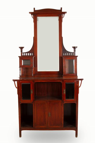 Credenza in legno, quattro sportelli e specchiera molata, Sicilia, Anni '40