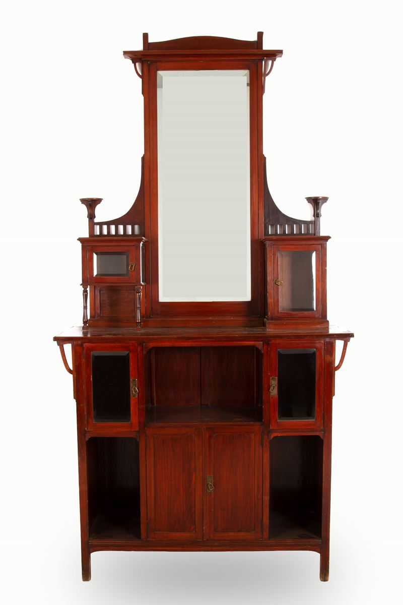 Credenza in legno, quattro sportelli e specchiera molata, Sicilia, Anni '40