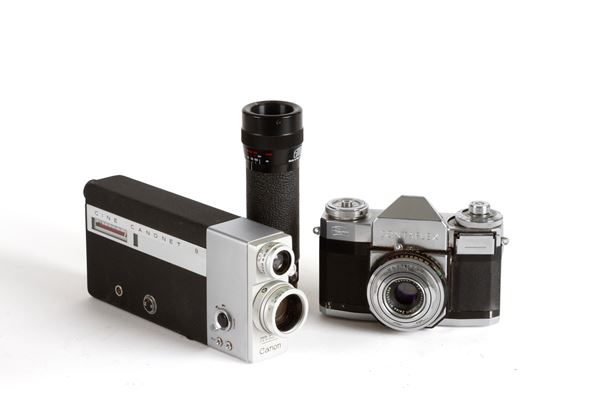 Macchina fotografica, cinepresa, cannocchiale e rullini