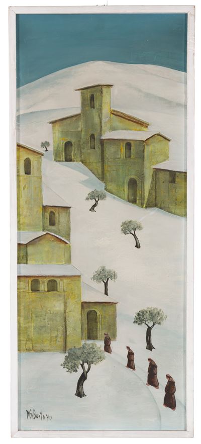 Paesaggio innevato con frati, tempera su tavoletta