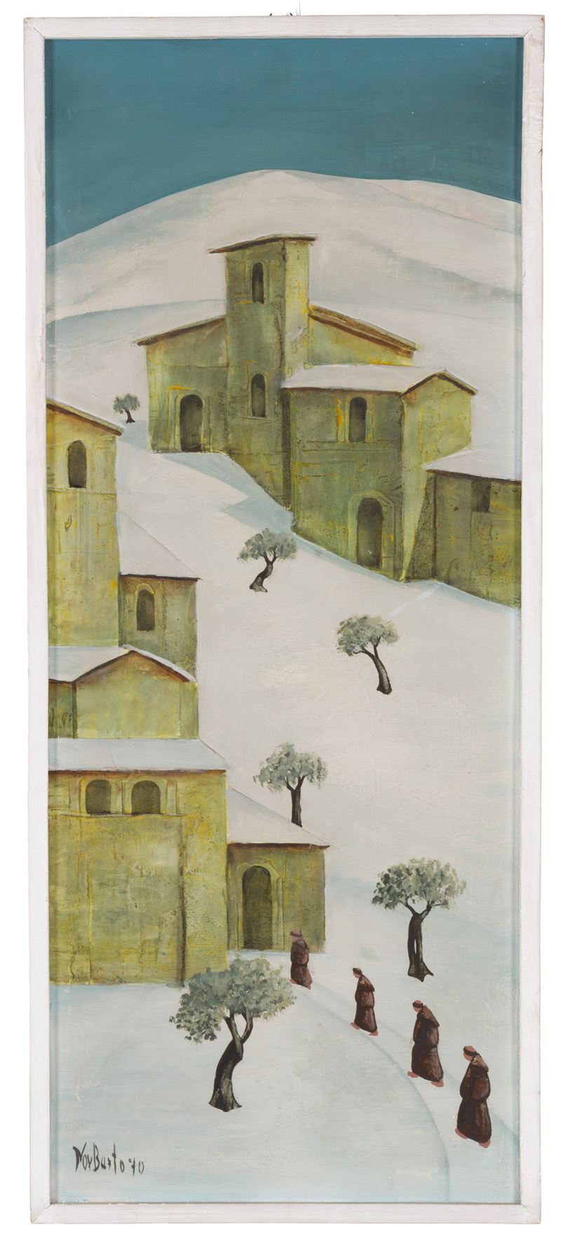 Norberto Proietti - Paesaggio innevato con frati, tempera su tavoletta
