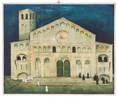 Duomo con Frati, tecnica mista su tavola