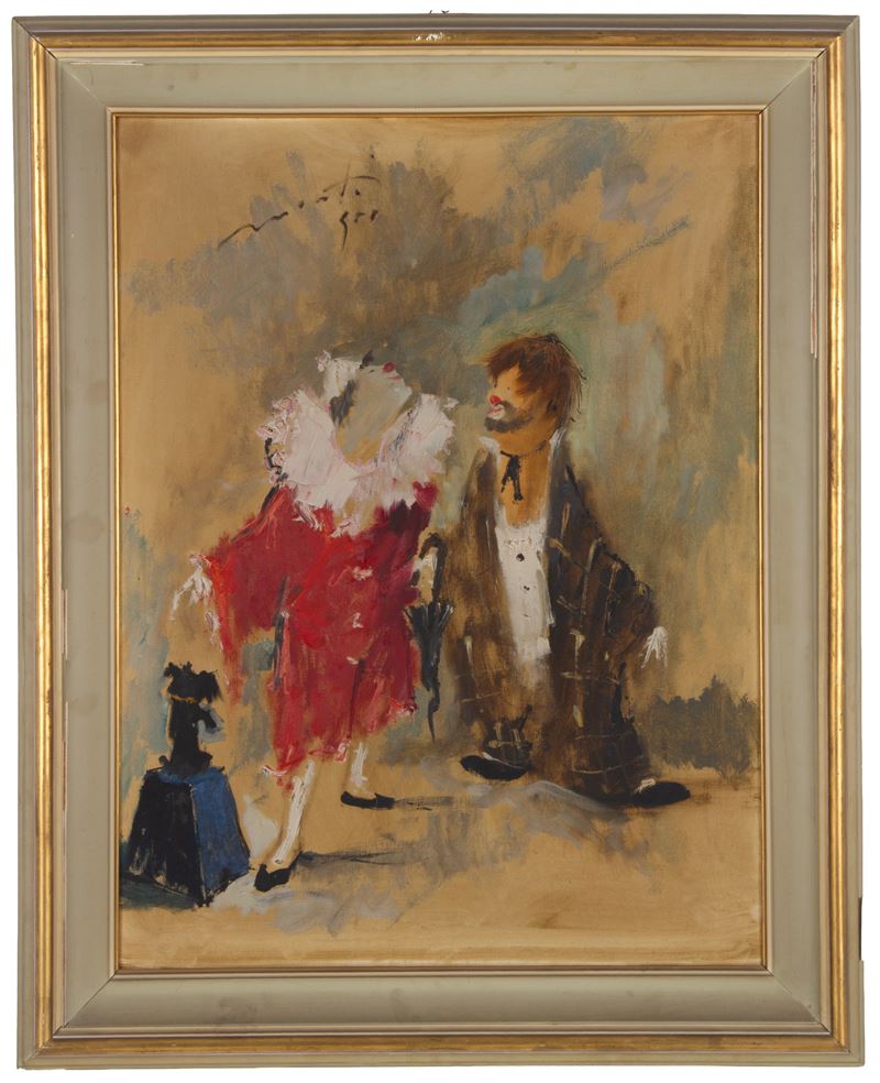 Cesarino Monti - Pagliacci, olio su tela, 80x60 cm