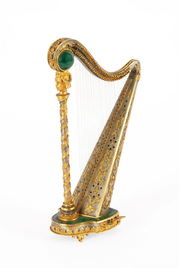 Malachite and silver harp model