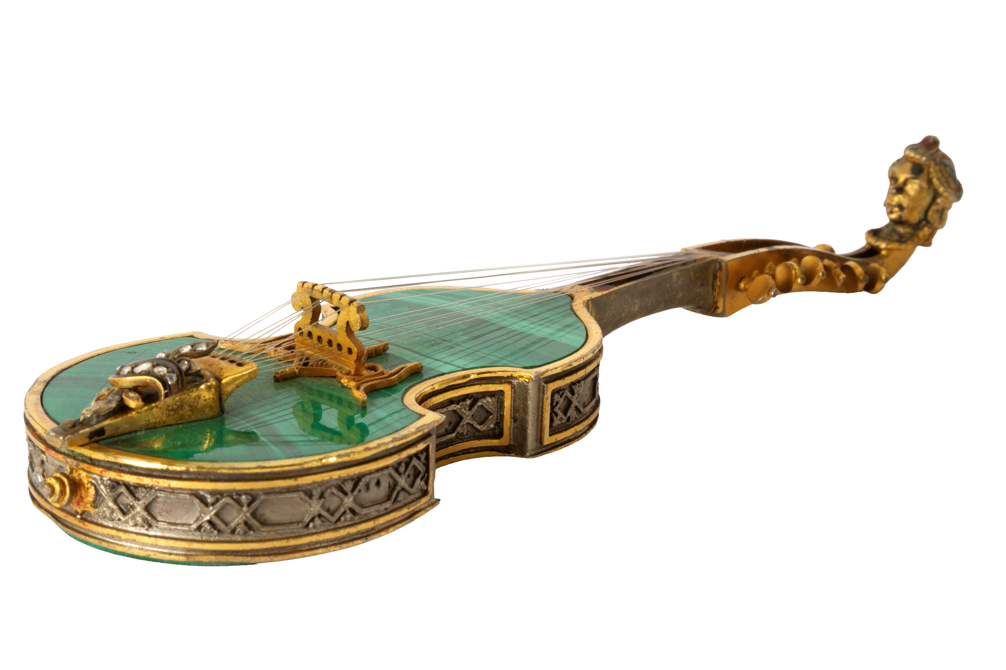 Modellino di viola da gamba in malachite e argento, XX secolo