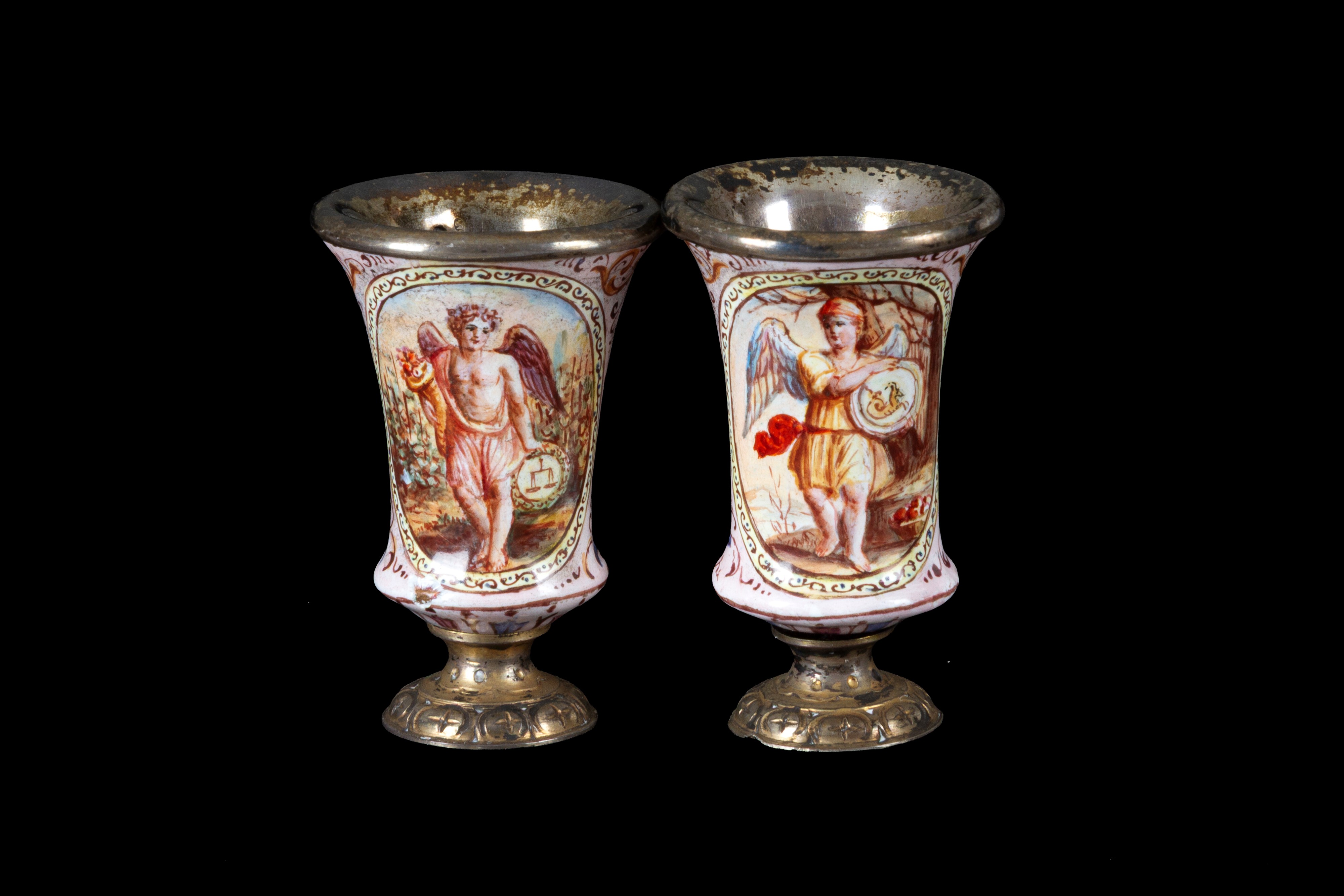 Calici in argento con dipinti dei mesi dell'anno, sette modellini, Francia, XIX secolo