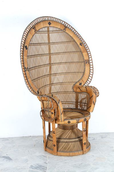 Poltrona in vimini e rattan stile Emmanuelle Pavone, anni '70