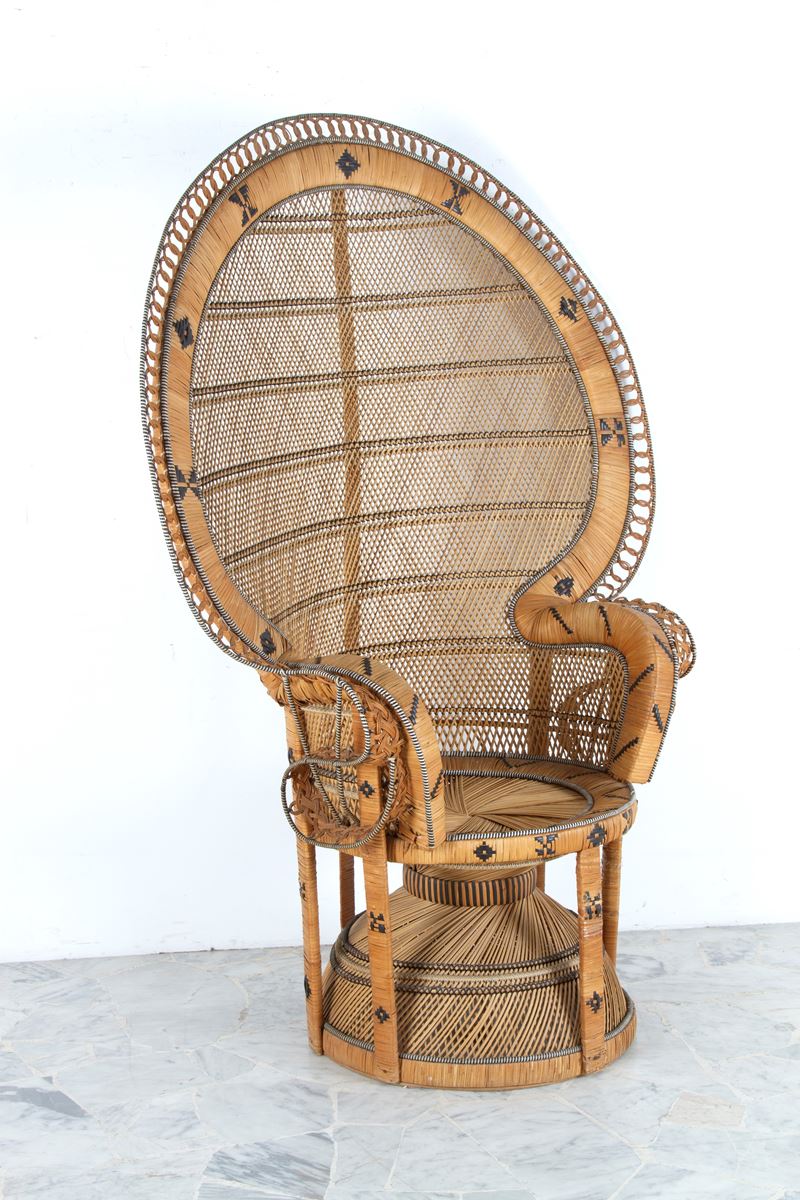Poltrona in vimini e rattan stile Emmanuelle Pavone, anni '70