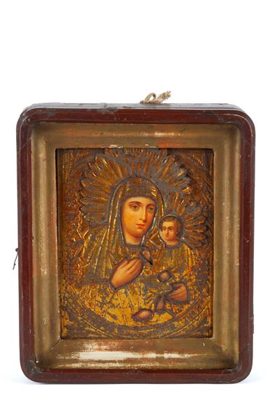 Icona, Madonna con Bambino, riza in metallo dorato, XX secolo