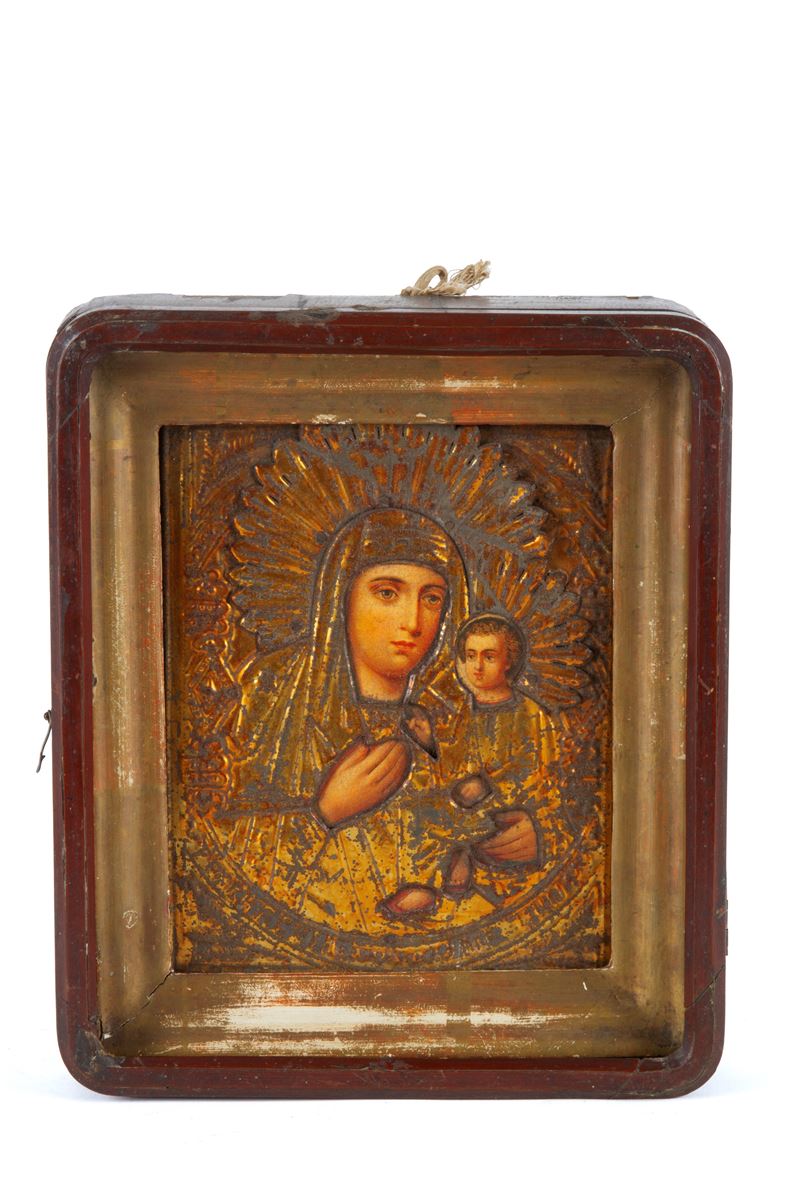 Icona, Madonna con Bambino, riza in metallo dorato, XX secolo