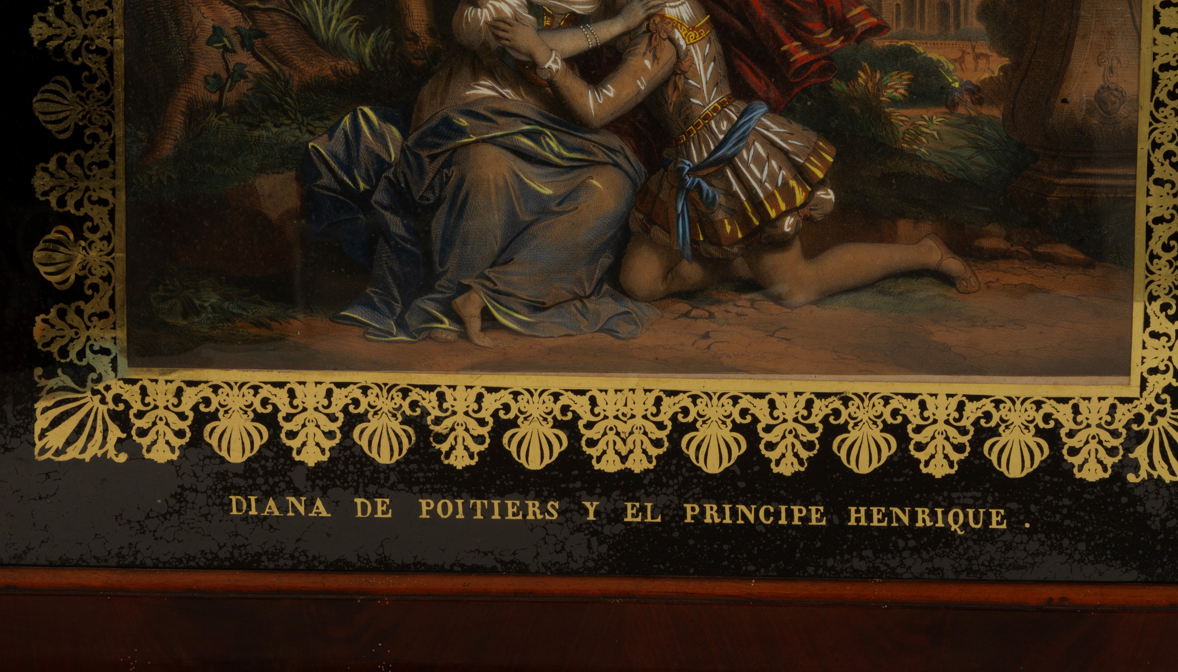 Stampa acquarellata, 'Diana de Poitiers e il Principe Enrique', XIX secolo